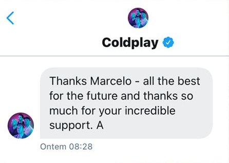Mensagem de agradecimento do Coldplay no Twitter, na minha saída do site